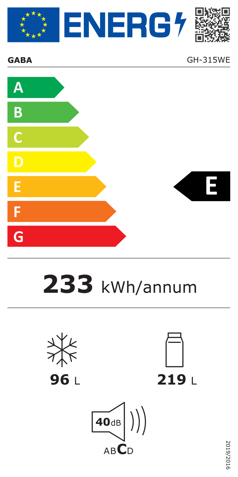 Gaba GH-315WE alulfagyasztós kombinált hűtőszekrény 315 L inverteres, fehér EU energiacímke
