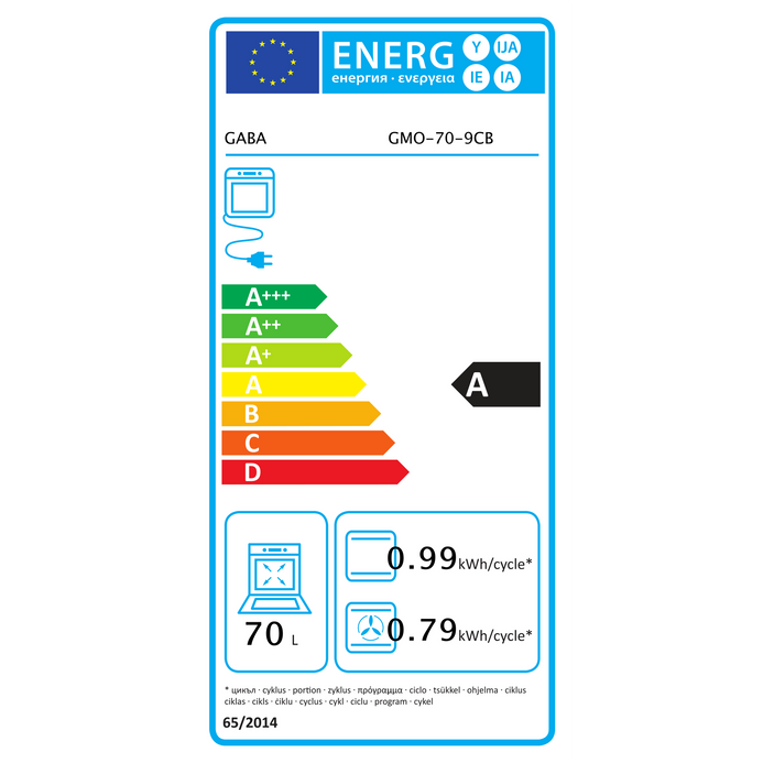 Gaba GMO-70-9CB beépíthető sütő, 70 L, 9 funkció, fekete EU energiacímke