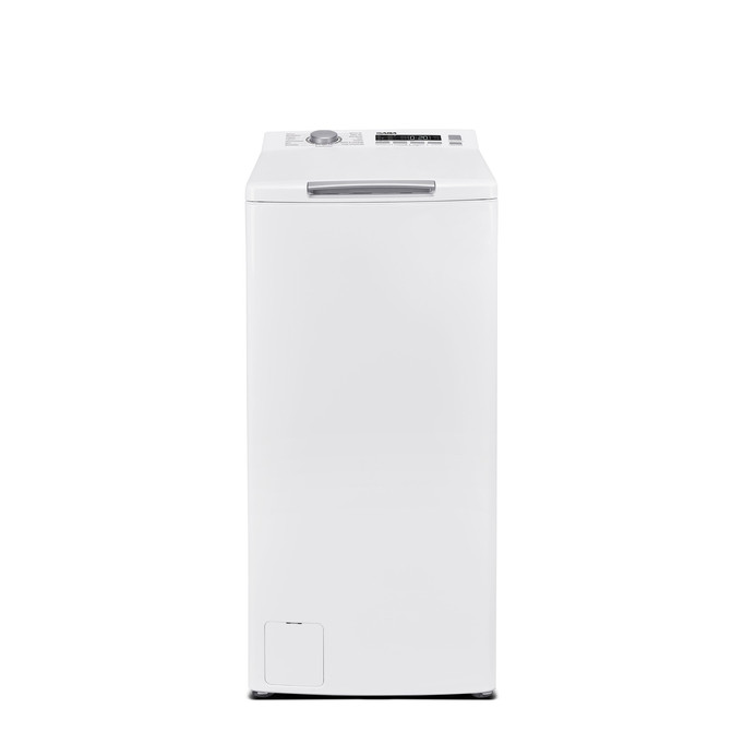A fehér Gaba GMW-612CSB felültöltős mosógép szemből, mindössze 40 cm-es szélességgel