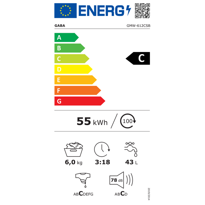 Gaba GMW-612CSB felültöltős mosógép EU energiacímke