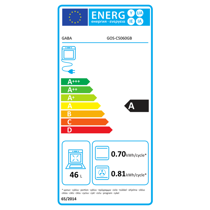 Gaba GOS-C5060GB kombinált tűzhely 50x60 cm, 46 L elektromos sütővel EU energiacímke